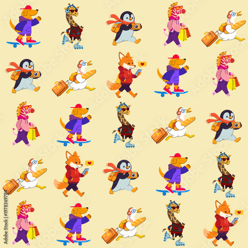 Seamless pattern with cute cartoon animals in motion. Colorful flat vector style, playful and modern.