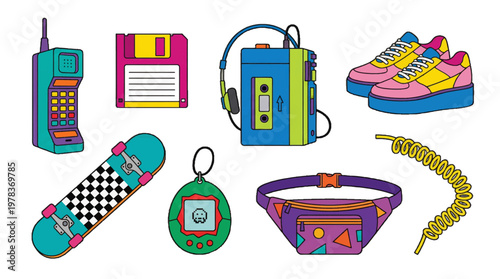 Retro items from the 1980s and 1990s showing classic technology and fashion trends in bright colors