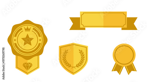 Badges and ribbons in yellow color for achievements and recognition displayed on a light background during an event or celebration