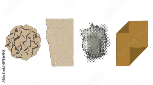 Different types of textured paper and material samples arranged on a clean background for a design project or presentation