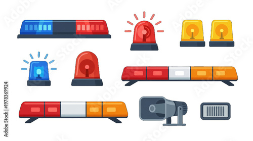 Different types of emergency lights and sirens used by police and rescue services in an urban setting