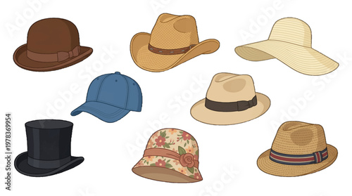 Different types of hats on a white background showing various styles and designs for fashion and sun protection