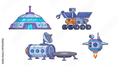 Different space science tools and vehicles show the wide range of technology used for exploration in outer space