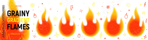 Collection of Grainy Gradient Fire Flames. Burning red, orange and yellow blaze. Bright fire flames templates with blur edges and grainy texture isolated on light background. Fire flames icons set.