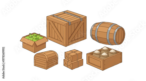 Wooden crates and barrels arranged on a white background for a storage or shipping scene in a simple style
