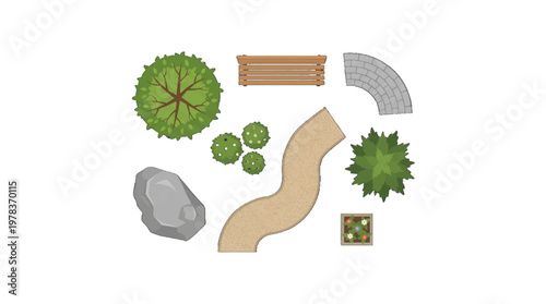 Quiet space for relaxation with plants, paths, rock, and seating area during daylight