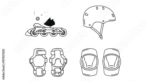 Skating Essentials: A comprehensive view of skating equipment, presenting a graphic representation of inline skates, a helmet, and protective gear. 