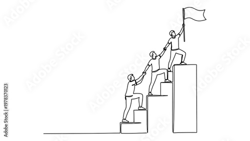 Business team working together to reach success. Continuous line style. Hand drawn. Line art. Vector design. illustration