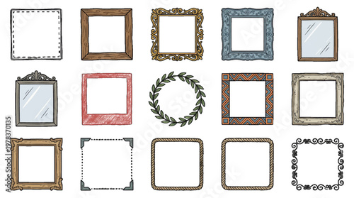 Different styles of picture frames with various designs and shapes for display and decoration in home or office settings