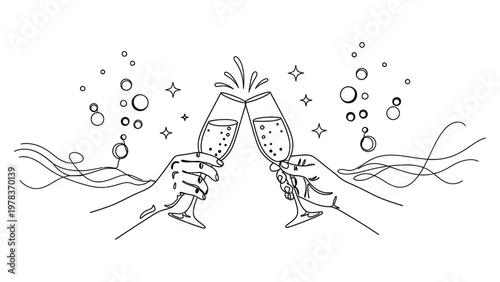Hands holding champagne glasses celebrating. Continuous line style. Hand drawn. Line art. Vector design. illustration