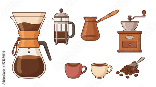 Different coffee brewing tools and cups are shown with coffee beans and accessories on a plain background