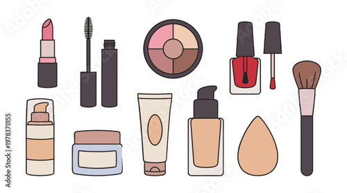 Various makeup products placed on a flat surface at a creative workspace during daytime