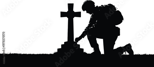 Memorial day remembrance silhouette of soldier kneeling at grave with cross