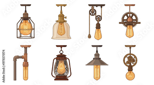 Various types of vintage light fixtures hanging from ceilings in different styles and designs