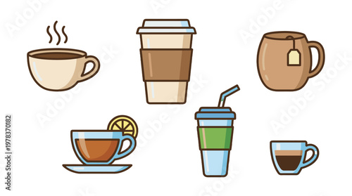 Different types of coffee cups and drinks displayed in a simple arrangement with no focus on any specific type located indoors