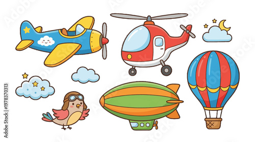 Colorful drawings of various flying machines and a bird with goggles against a simple background