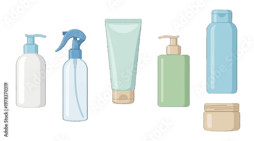 Different types of cosmetic bottles and containers arranged on a plain background for personal care and beauty products