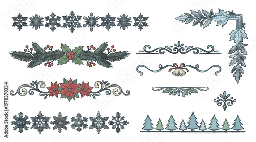 Festive winter decorations with various designs including snowflakes, holly, and Christmas trees for seasonal use