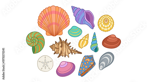 Seashells collected on a beach during a sunny day in summer by kids and families enjoying the seaside activities together