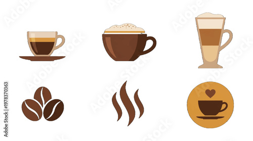 Different types of coffee drinks and coffee-related items with simple designs