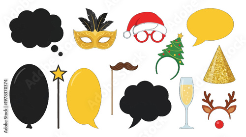 Different fun party props for events like Christmas and New Year celebrations displayed on a white background