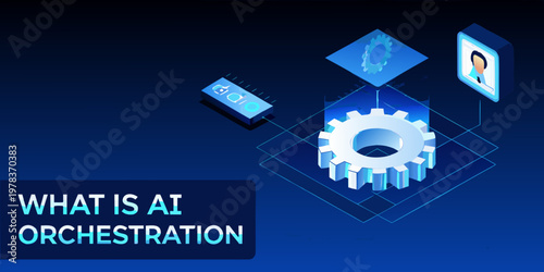 Isometric illustration depicting artificial intelligence orchestration concepts and technology