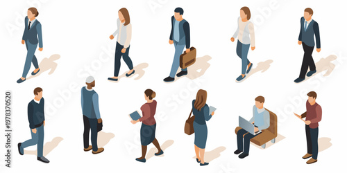Isometric illustration of diverse people walking and working in a city