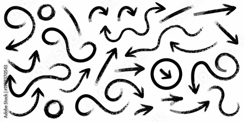 Collection of hand drawn black arrows and swirling shapes on white background