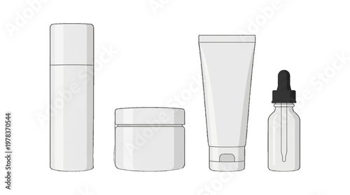 Different types of skincare products lined up on a white surface for personal care routine