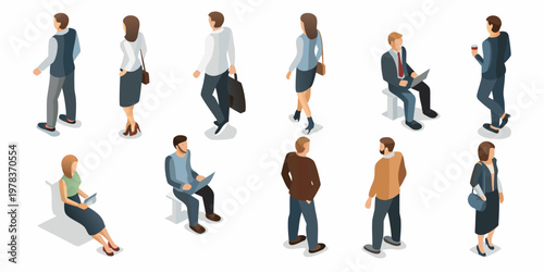 Isometric illustration depicting diverse professionals in a modern business setting