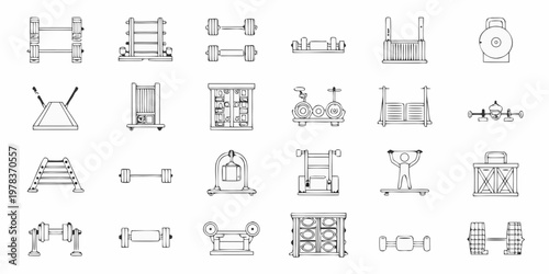 Line drawing of various gym equipment and fitness machinery layouts