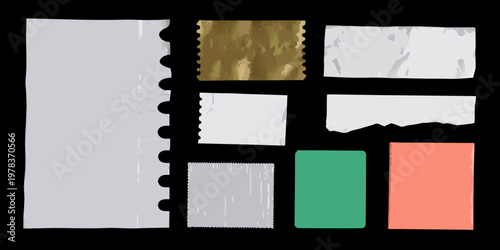 Assorted torn paper pieces and colorful rectangles on a black background