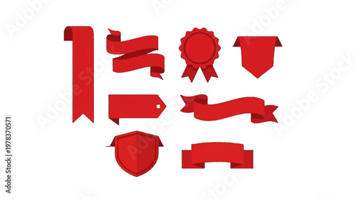 Different types of red ribbons and labels used for decoration and craft projects displayed on a white background in a simple layout