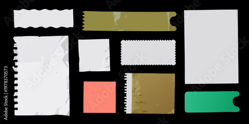 Collection of torn and rectangular paper pieces against a black background