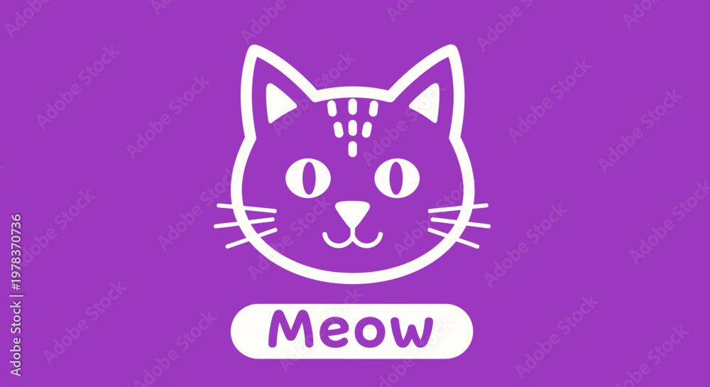 Fototapeta premium Vibrant purple cat face illustration with Meow text on white button