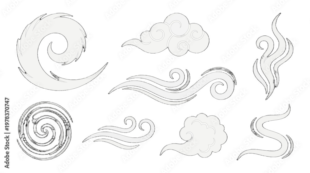 Fototapeta premium Varied designs of clouds and wind patterns shown in a simple style suitable for graphics or illustrations