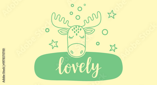A whimsical illustration of a moose head with stars on a green oval background