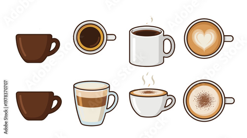Different types of coffee cups and drinks are displayed in a grid showing various styles and preparations of coffee