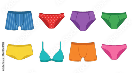 Variety of colorful underwear displayed in different styles and shapes at a clothing store or online shop