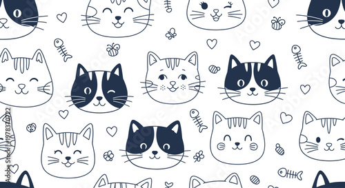 A charming illustration of various cartoon cats with hearts and symbols on a white background