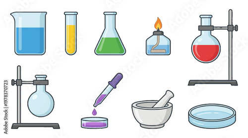 Different lab equipment and colorful liquids are arranged on a table to show scientific processes and experiments in a laboratory setting