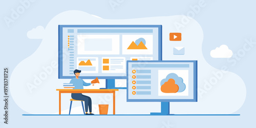 A person works on digital design projects using multiple computer screens