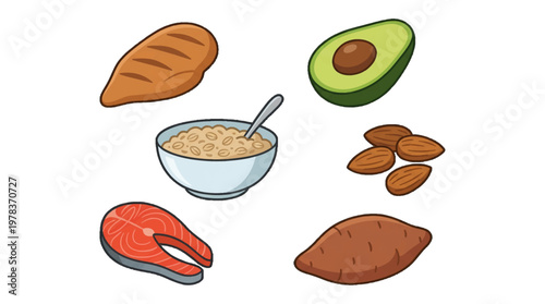 Healthy food options including fish, chicken, avocado, nuts, and oats on a plain background for nutrition concepts