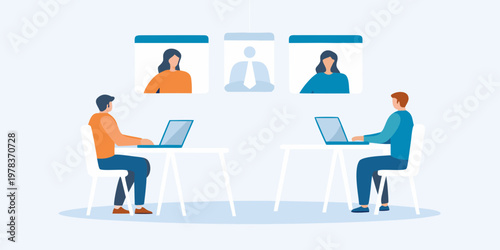 People participating in a virtual meeting using laptops and video conferencing