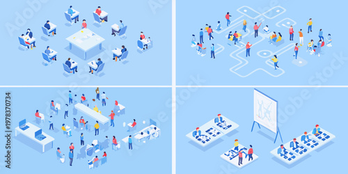 Isometric illustration depicting various workplace and collaborative scenarios