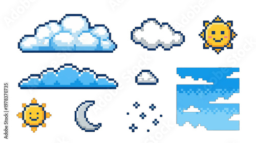 Bright sun, clouds, and moon in pixel art display in a clear sky at noon