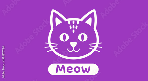 Vibrant purple cat face illustration with Meow text on white button