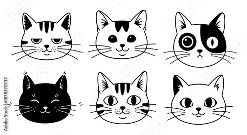 Six cartoon cats display various emotions in a single composition illustration.