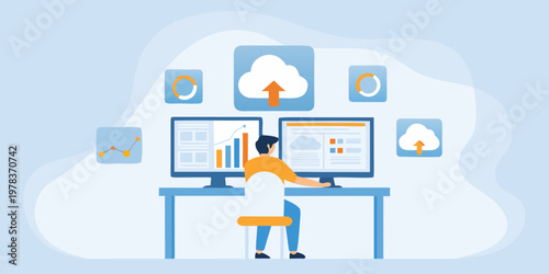 Man working at desk with multiple monitors and cloud computing visuals