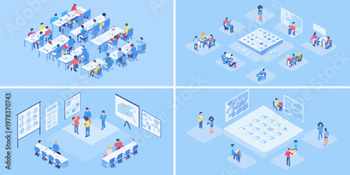 Isometric illustration of modern office spaces and collaborative work environments